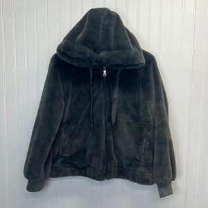 Bellivera Dark Gray Faux Fur‎ Shearling Bomber Hooded Jacket Sz M